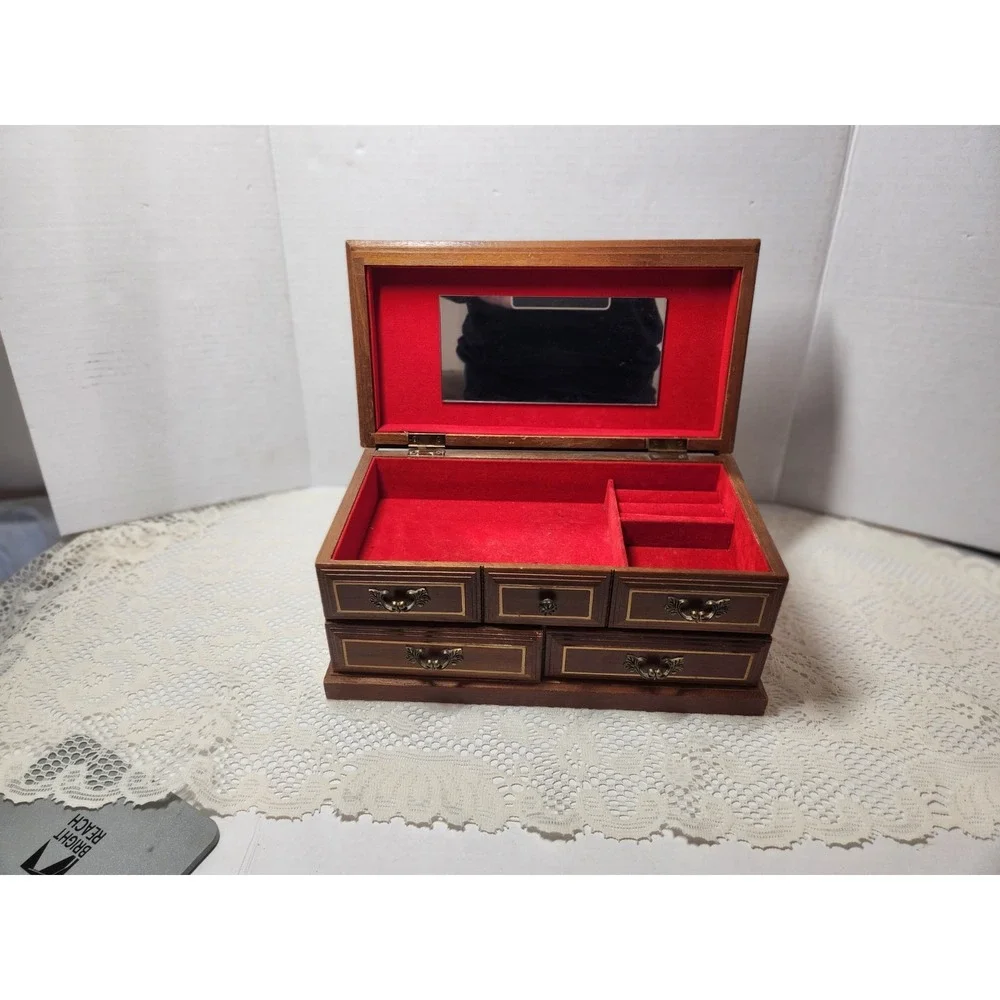 Vtg Wooden Musical Jewelry Box Organizer Storage with 2 Drawers 